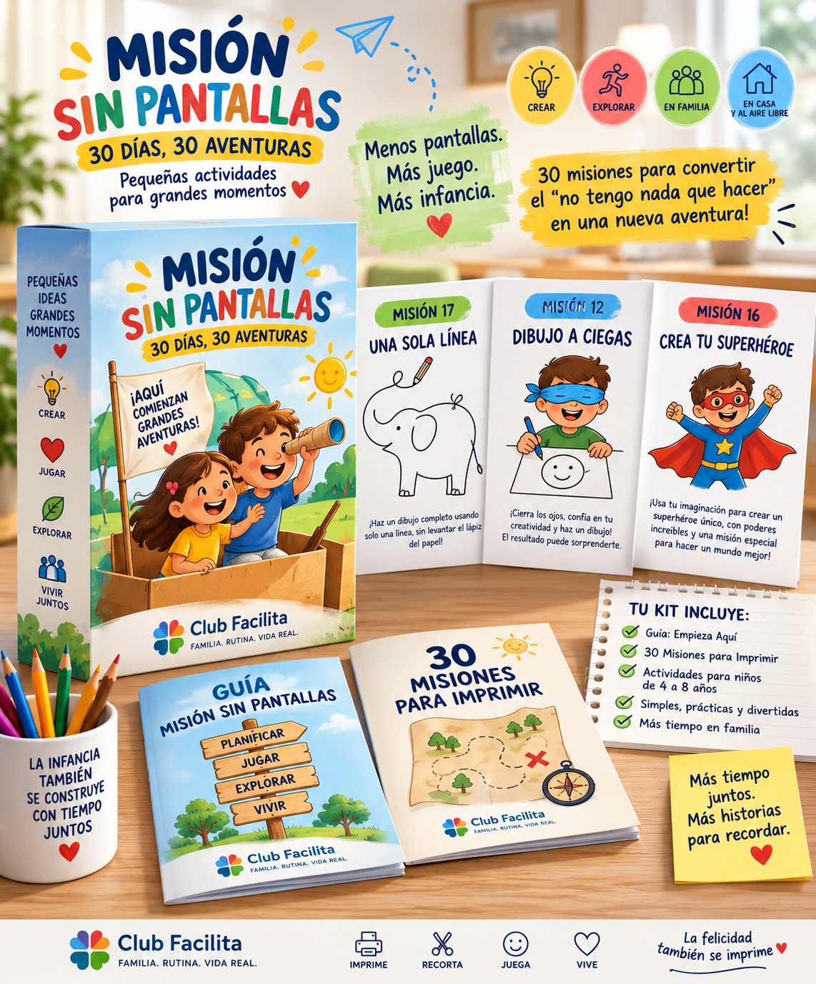 Portada y materiales de Misión Sin Pantallas, 30 días y 30 aventuras