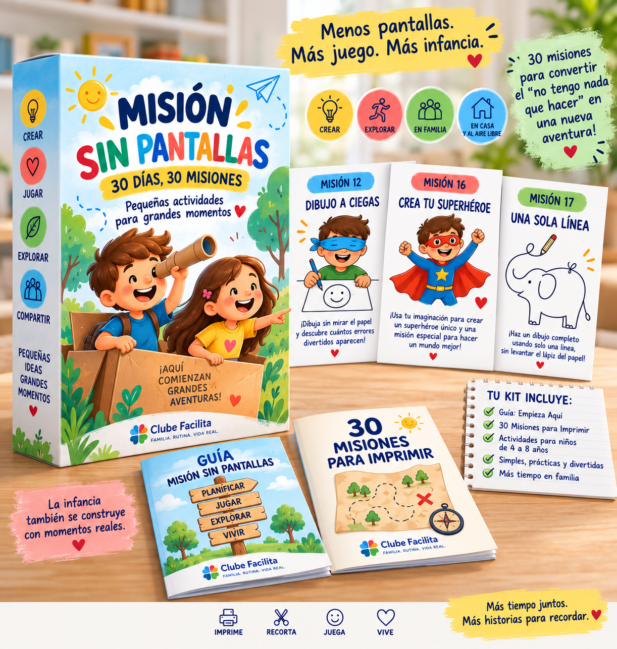 Mockup de Misión Sin Pantallas con portada, guía, misiones imprimibles y actividades